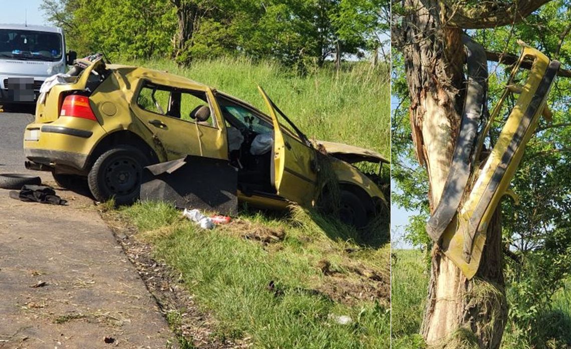 Po dachowaniu z auta wypadła dziewczyna, zderzak został na drzewie. Wypadek piątki nastolatków