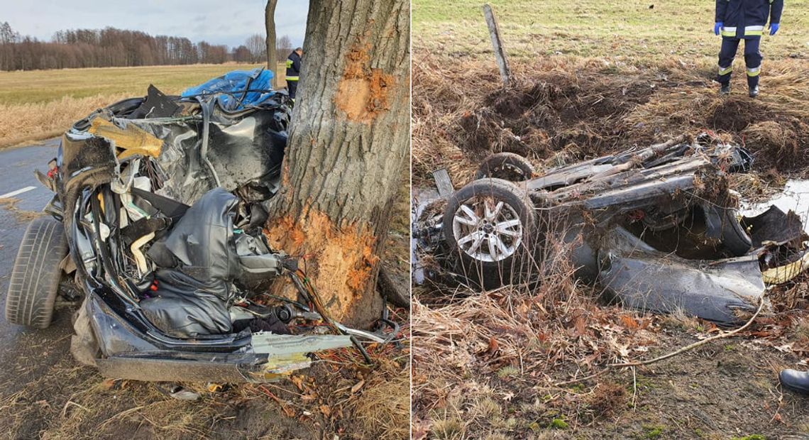 Po uderzeniu w drzewo mercedes rozpadł się na pół. Kierowca 30 metrów od auta [ZDJĘCIA]