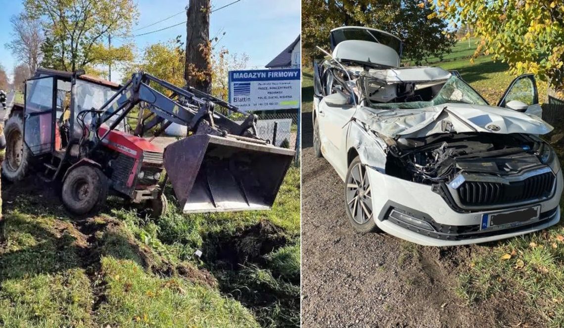 Podczas skręcania nie zauważył osobówki i ją skasował. Kierowca ciągnika miał prawie 4 promile we krwi