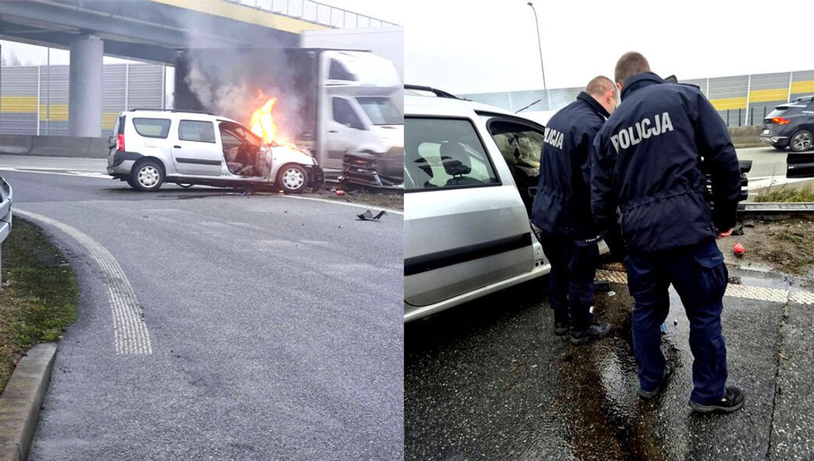 Policjanci wyciągnęli kierowcę z płonącego auta. Zasnął za kierownicą w drodze do pracy Policjanci wyciągnęli kierowcę z płonącego auta. Zasnął za kierownicą w drodze do pracy