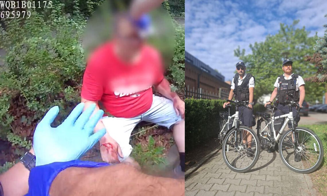 Policyjny patrol na rowerach pomógł mężczyźnie, który rozbił głowę o asfalt. Film z kamery na mundurze