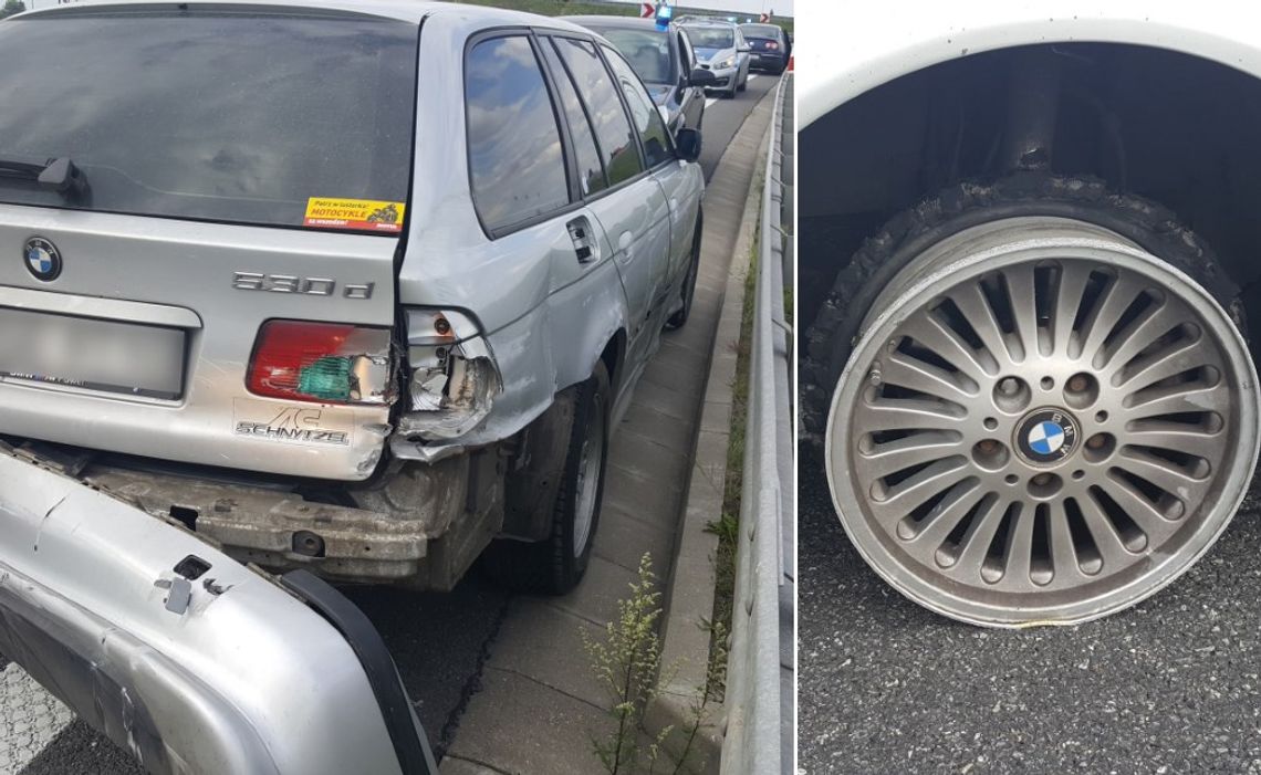 Policyjny pościg za bmw. Kierowca dał za wygraną dopiero, gdy stracił koło. ZDJĘCIA