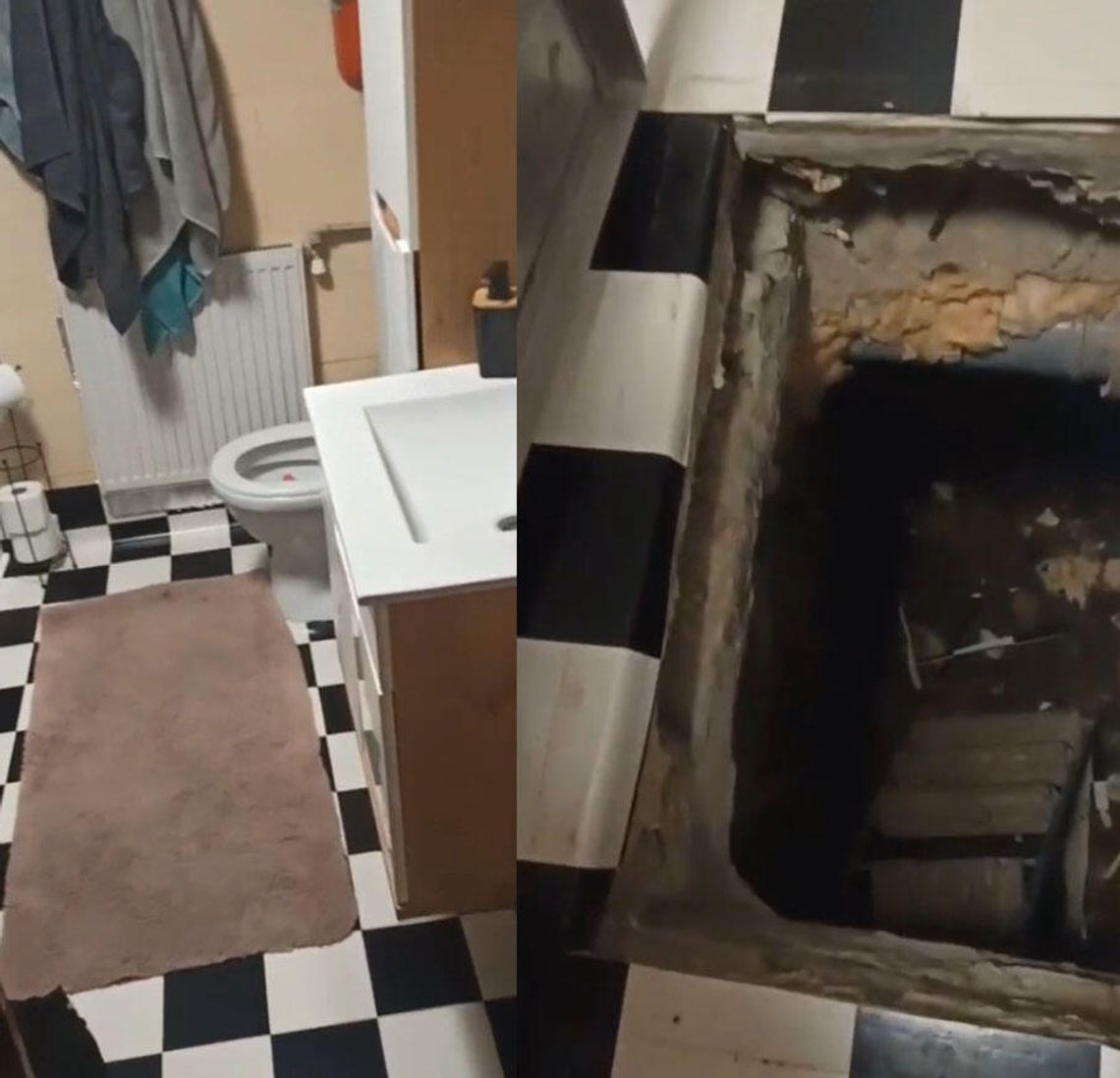 Poszukiwany mężczyzna ukrywał się pod podłogą w łazience. Właz znajdował się pod dywanikiem