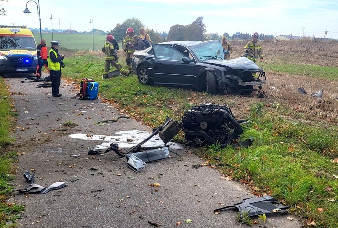 Potężne uderzenie Audi w drzewo. Silnik został wyrwany z samochodu Potężne uderzenie Audi w drzewo. Silnik został wyrwany z samochodu