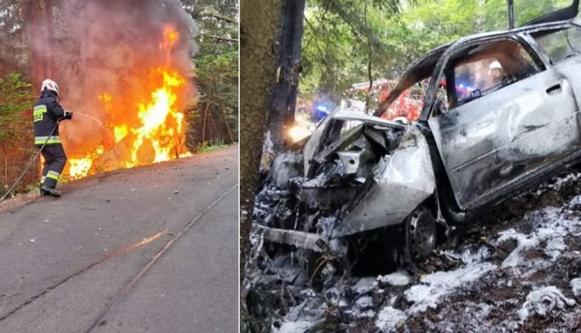 Potrącił dwóch pieszych i wjechał w drzewo. Auto stanęło w ogniu, kierowcę ratowali świadkowie