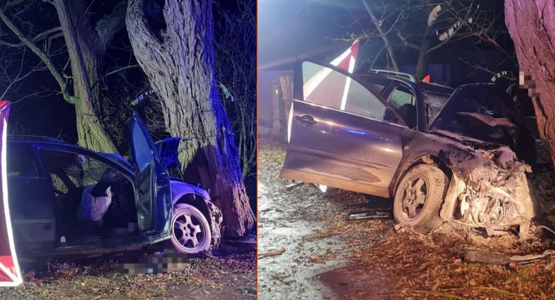 Rozpędzony volkswagen wbił się w drzewo. 46-letnia Ukrainka zginęła, pasażer trafił do szpitala
