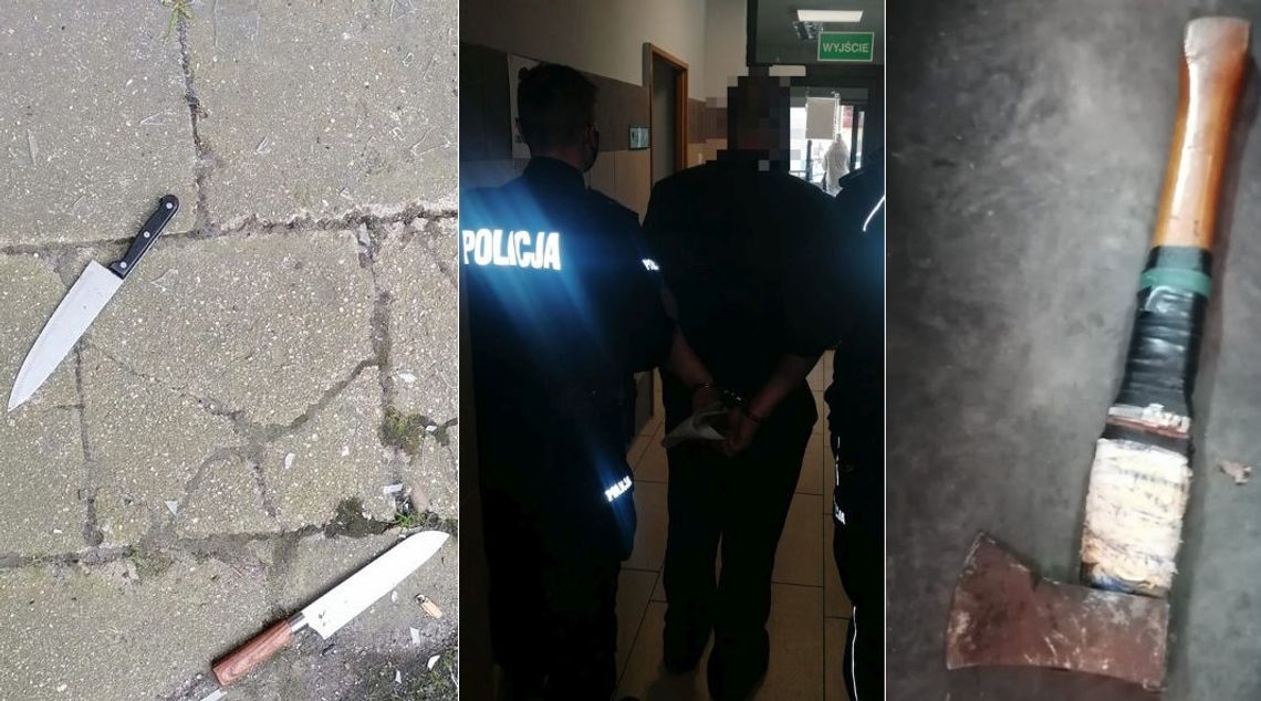 Rzucił się na policjantów z siekierą i nożami, raniąc ich. Wcześniej groził śmiercią żonie