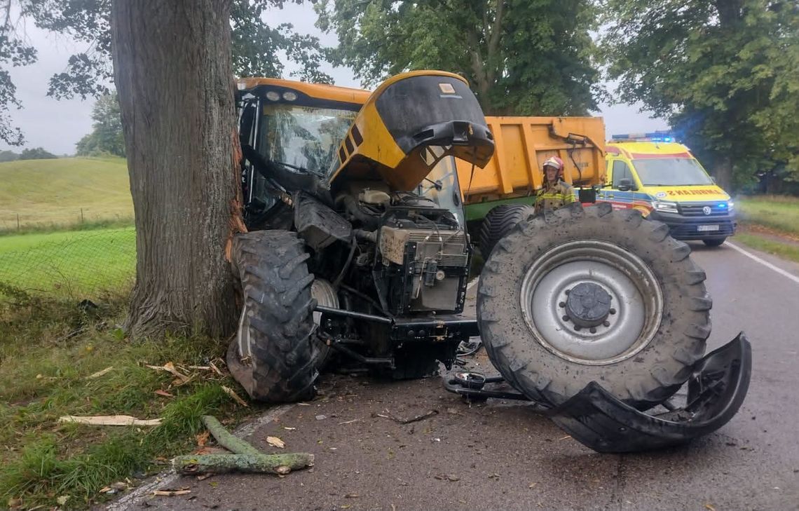 Sarna na drodze i potężne straty. Rolnik uderzył ciągnikiem w drzewo Sarna na drodze i potężne straty. Rolnik uderzył ciągnikiem w drzewo