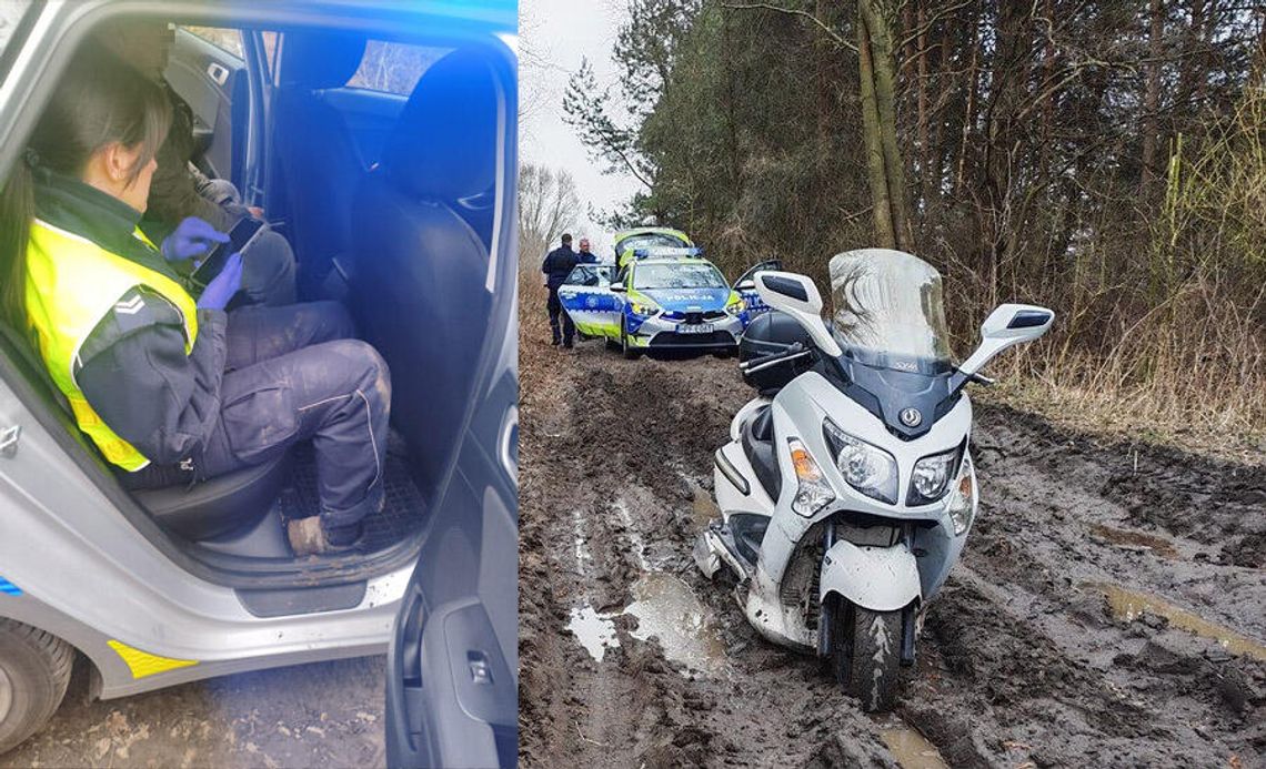 Ścigany motocyklista ugrzązł w błocie. Został zatrzymany przez policjantki