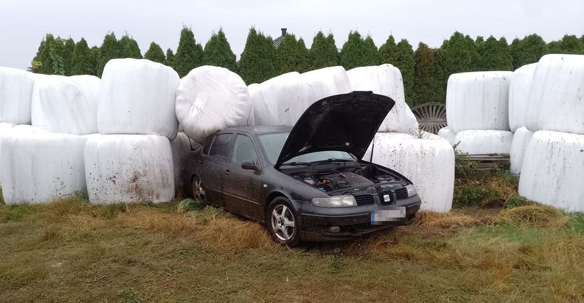 Seat wypadł z drogi i wylądował w polu na belach kiszonki. Kierowca był pijany i jechał na zakazie