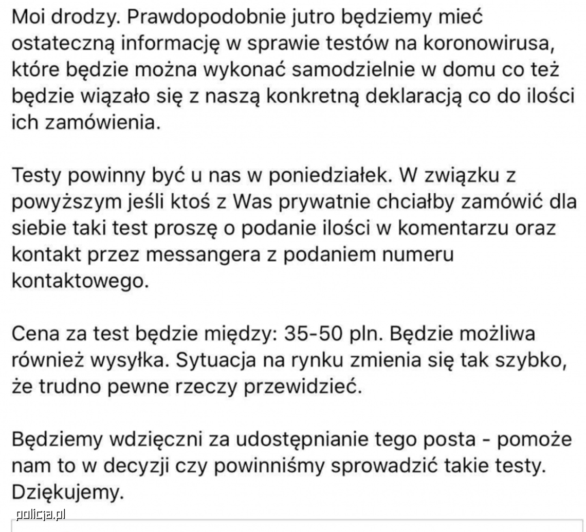 "Sprzedam domowe testy na koronawirusa". Chciała zarobić na ludzkim strachu i naiwności