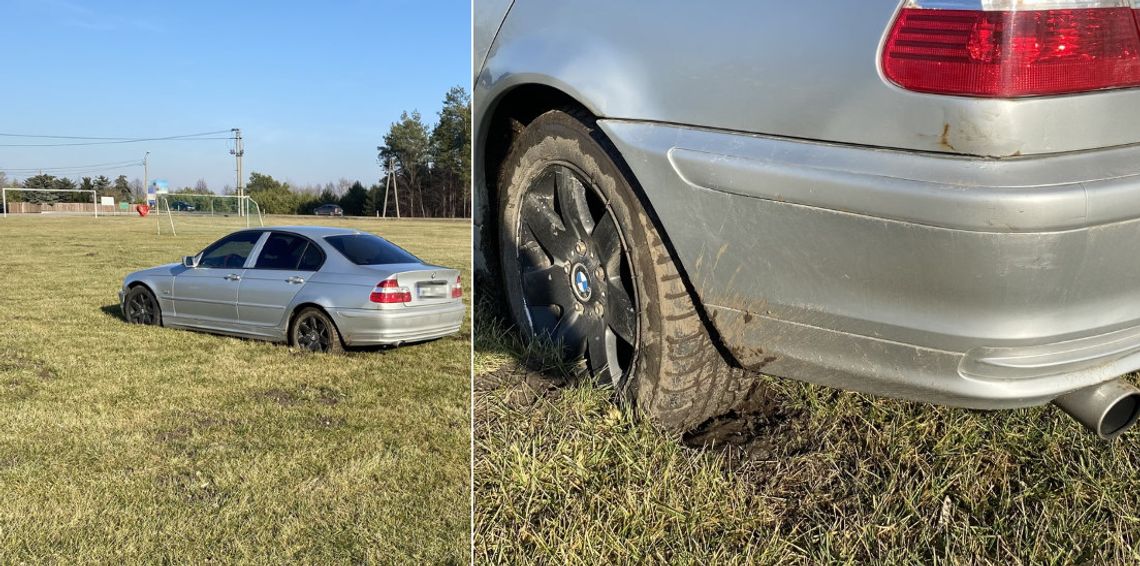 Starszy pan driftował BMW po boisku piłkarskim. Wpadł, bo zakopał się w murawie [FOTO]