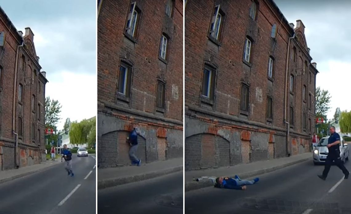 To nagranie podbija Internet. Pijany mężczyzna na oczach policjantów wbiegł w ścianę i padł na ulicę. WIDEO