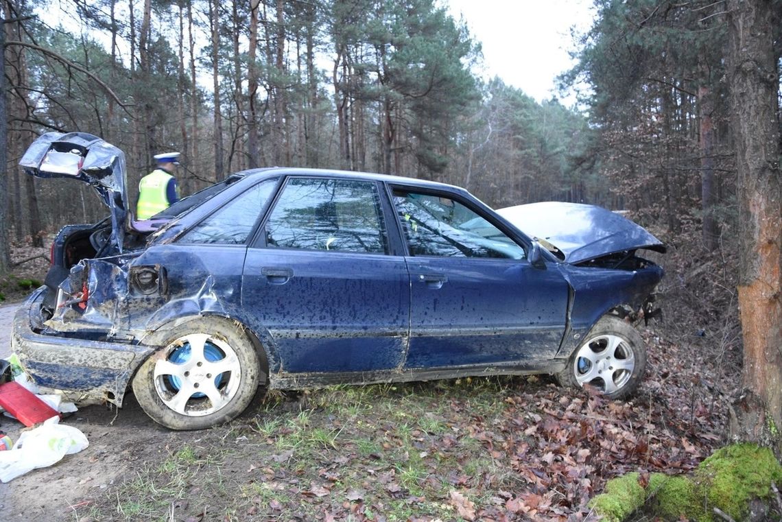 Trzech pijanych w audi rozbitym na drzewie. Żaden nie chciał przyznać się do kierowania