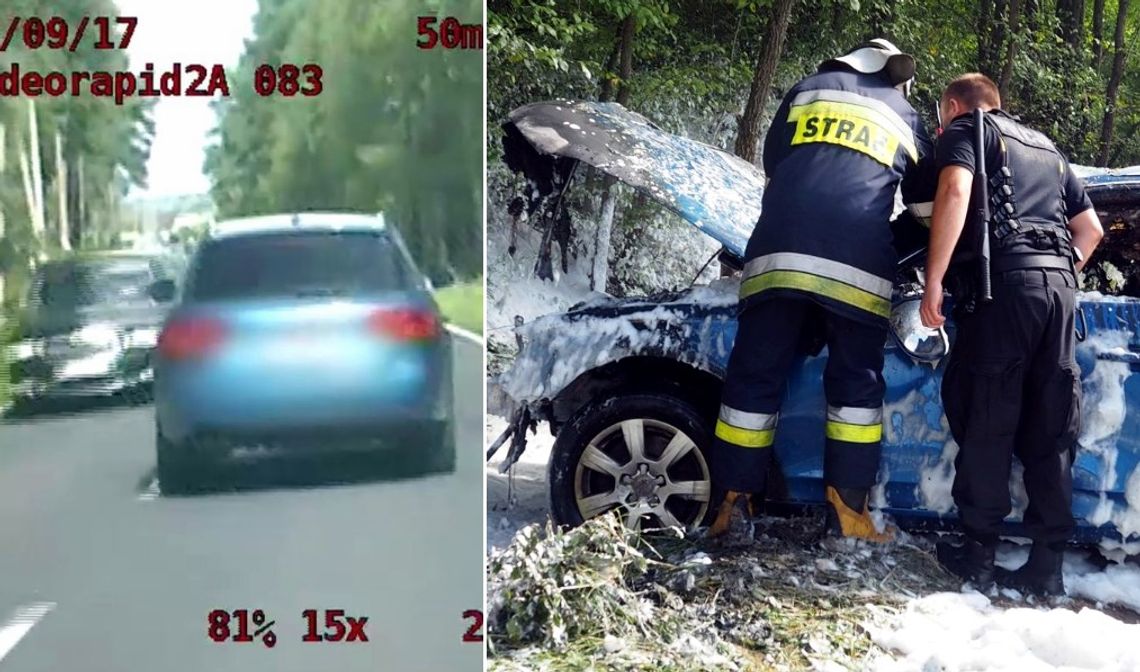 Uciekając przed policją uderzył w drzewo, audi stanęło w ogniu. WIDEO