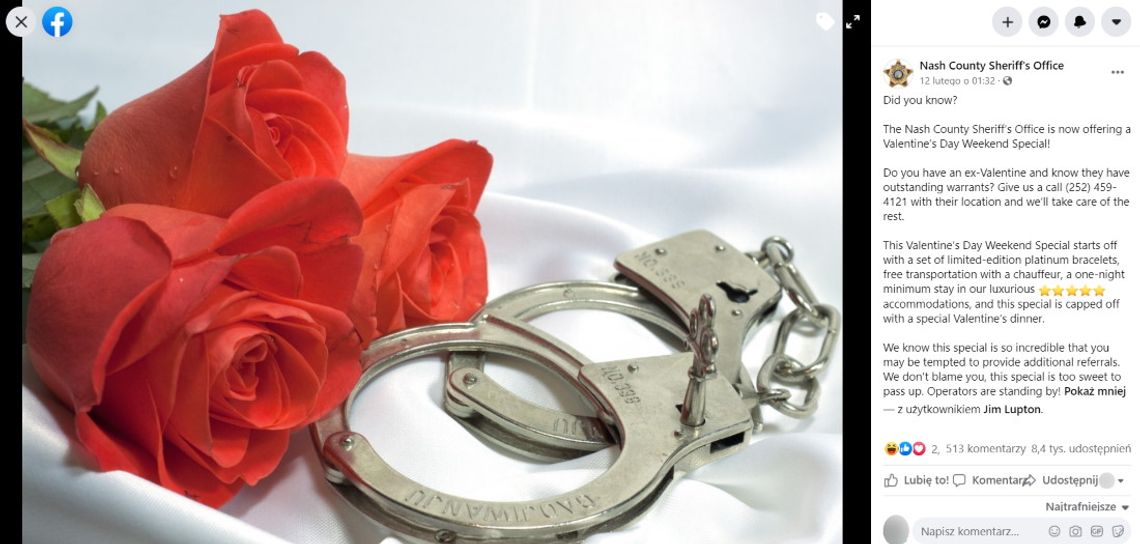 USA: Z okazji Walentynek szeryf zachęca do zakablowania byłego lub byłej
