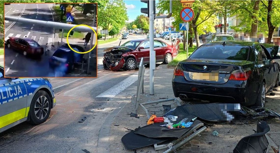 Volkswagen zajechał drogę bmw. Doszło groźnie wyglądającego zderzenia. Piesi uciekali z chodnika