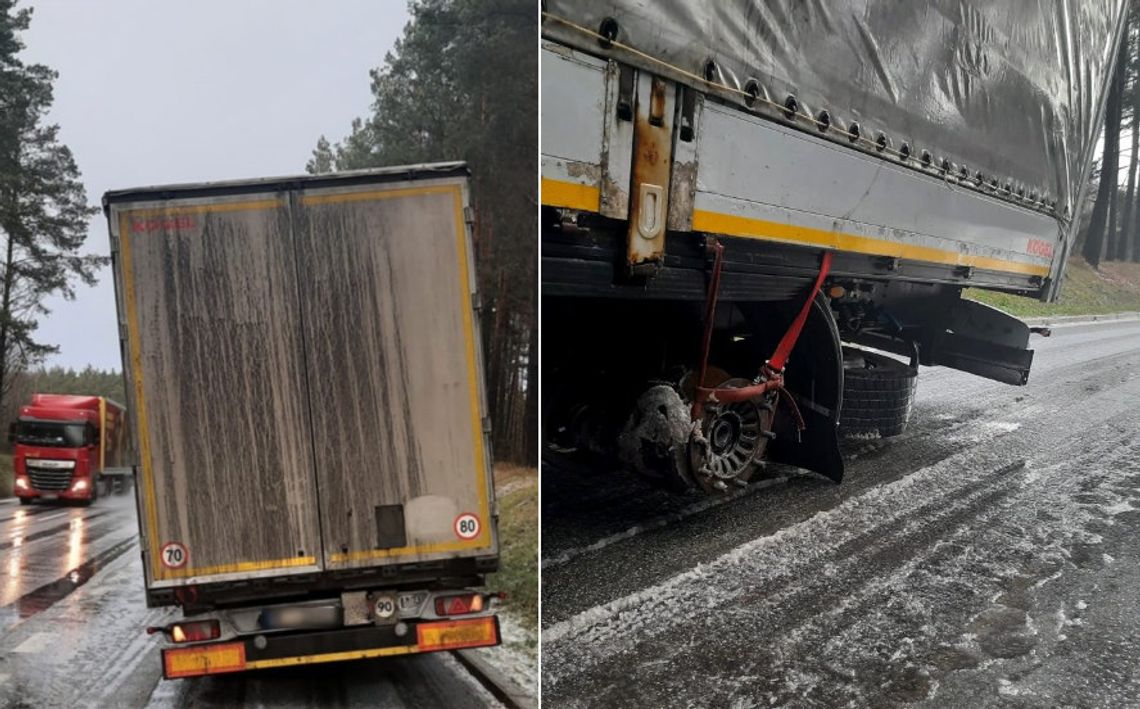 W naczepie 13 ton i urwane koło. Kierowca przejechał tak kilkaset kilometrów [ZDJĘCIA]