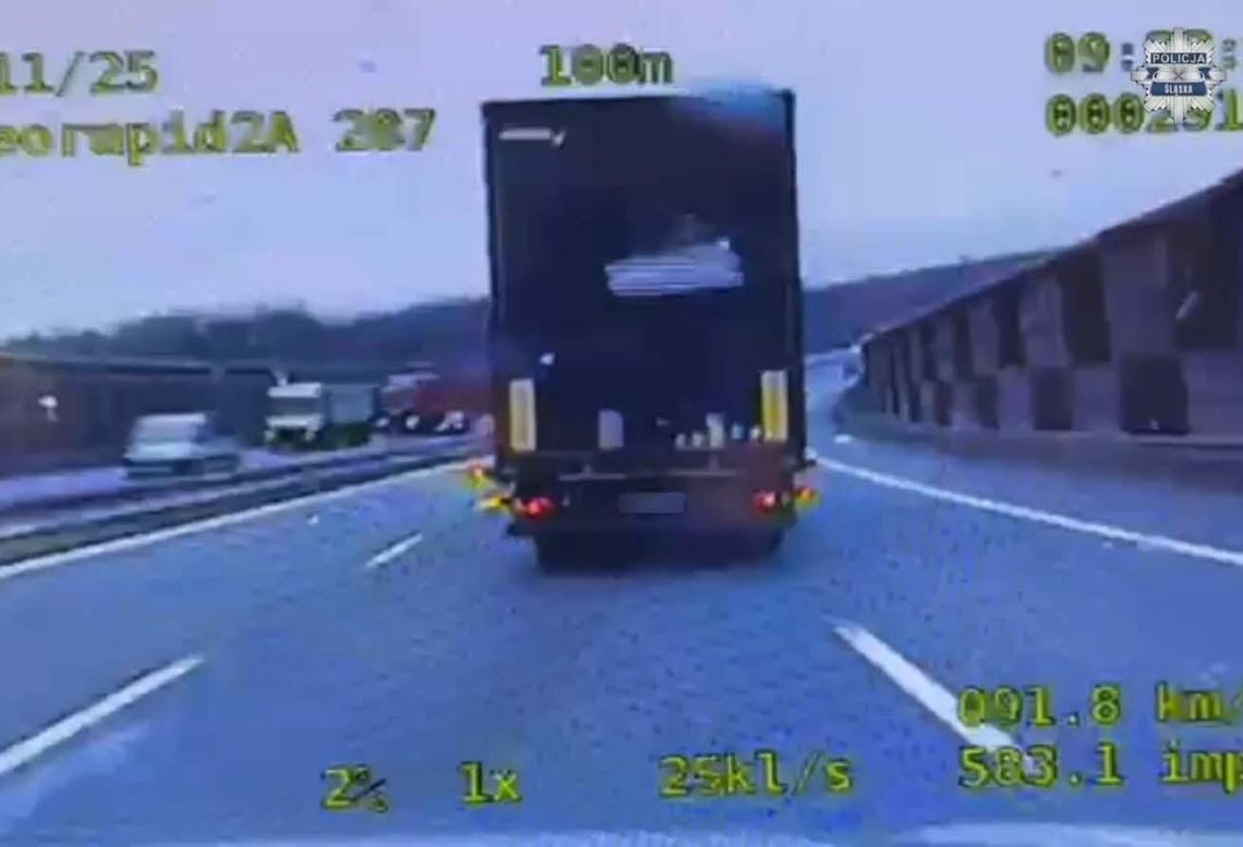 Wielki kawał lodu spadł z ciężarówki przed jadący za nią radiowóz. Kierowca z Ukrainy ukarany