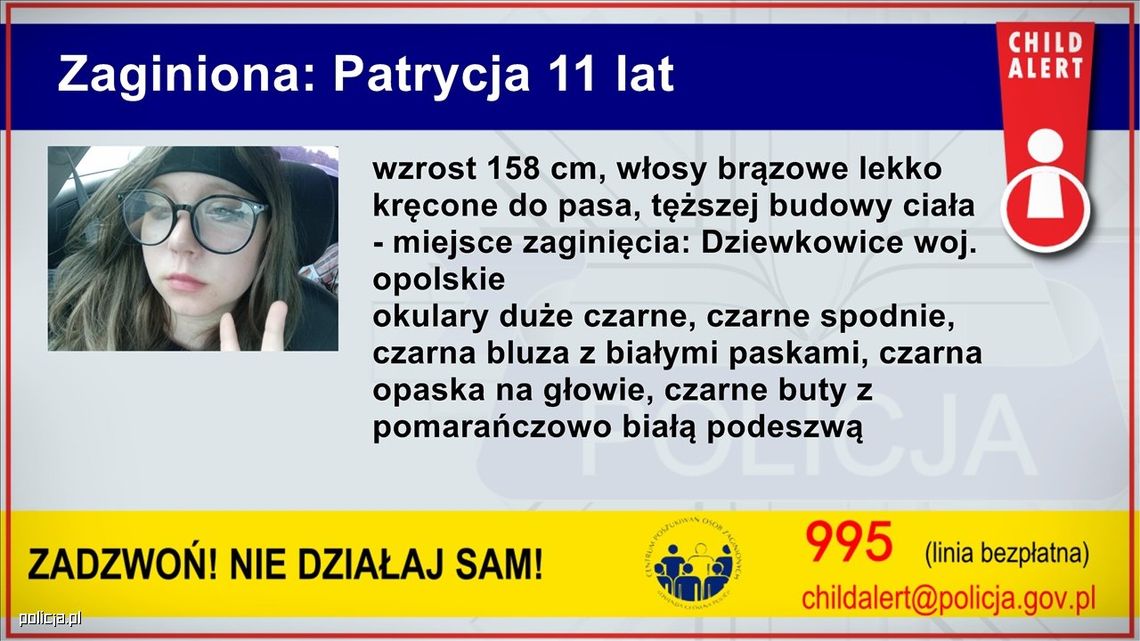 Wydano CHILD ALERT! ZAGINĘŁA 11-LATKA. Nie wróciła do domu po wizycie u dziadków
