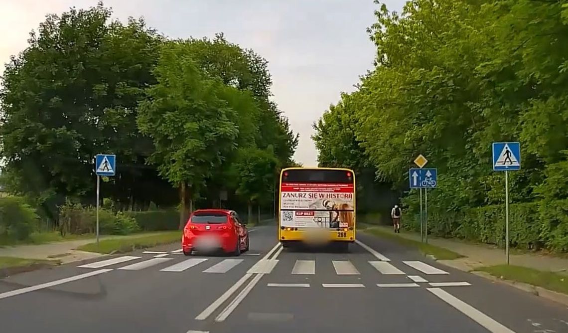 Wyprzedzał autobus na przejściu dla pieszych. 21-latek wpadł przez nagranie z kamerki samochodowej