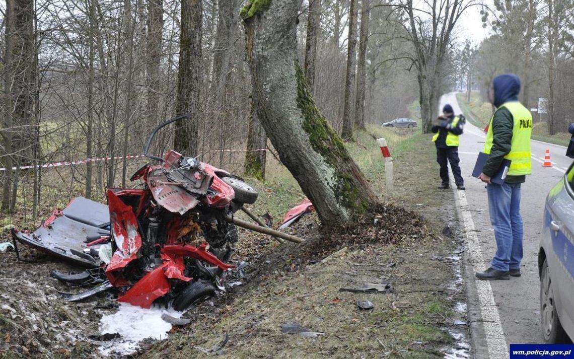 Zjechał na pobocze i uderzył w drzewo. Auto rozpadło się na części